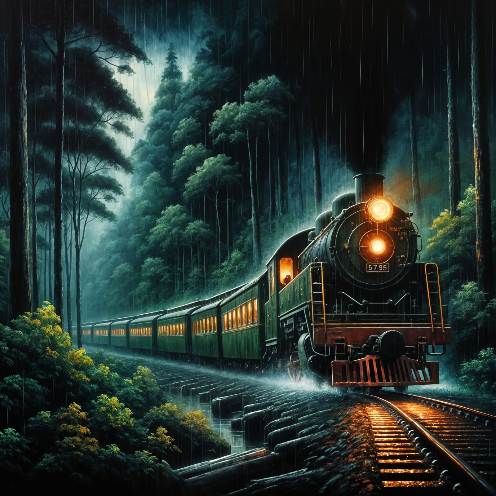 Mysterious Night Train Ride Through a Rainy Forest in Acryli...