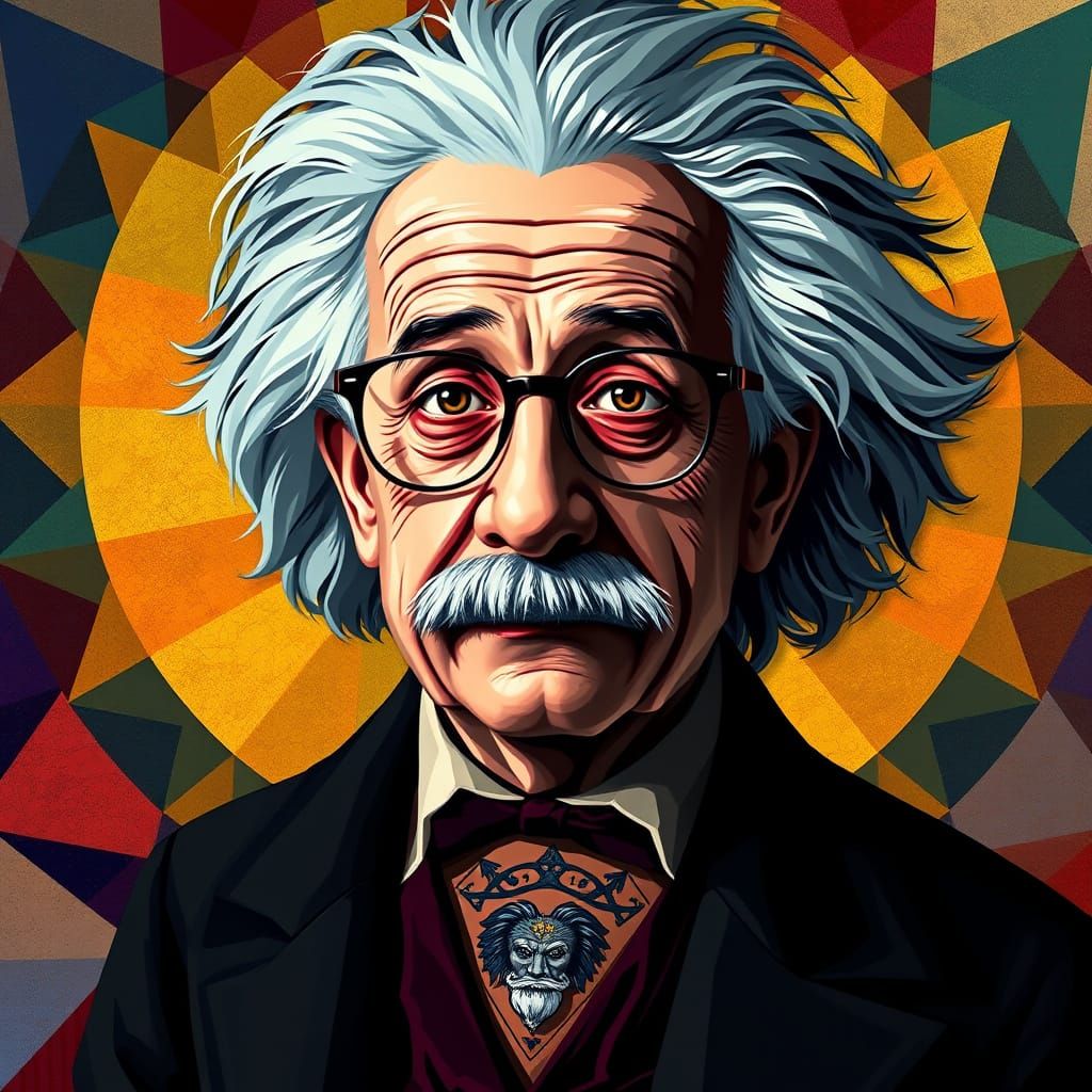 Einstein in Moody Art Deco Style with Geometric Tattoo
