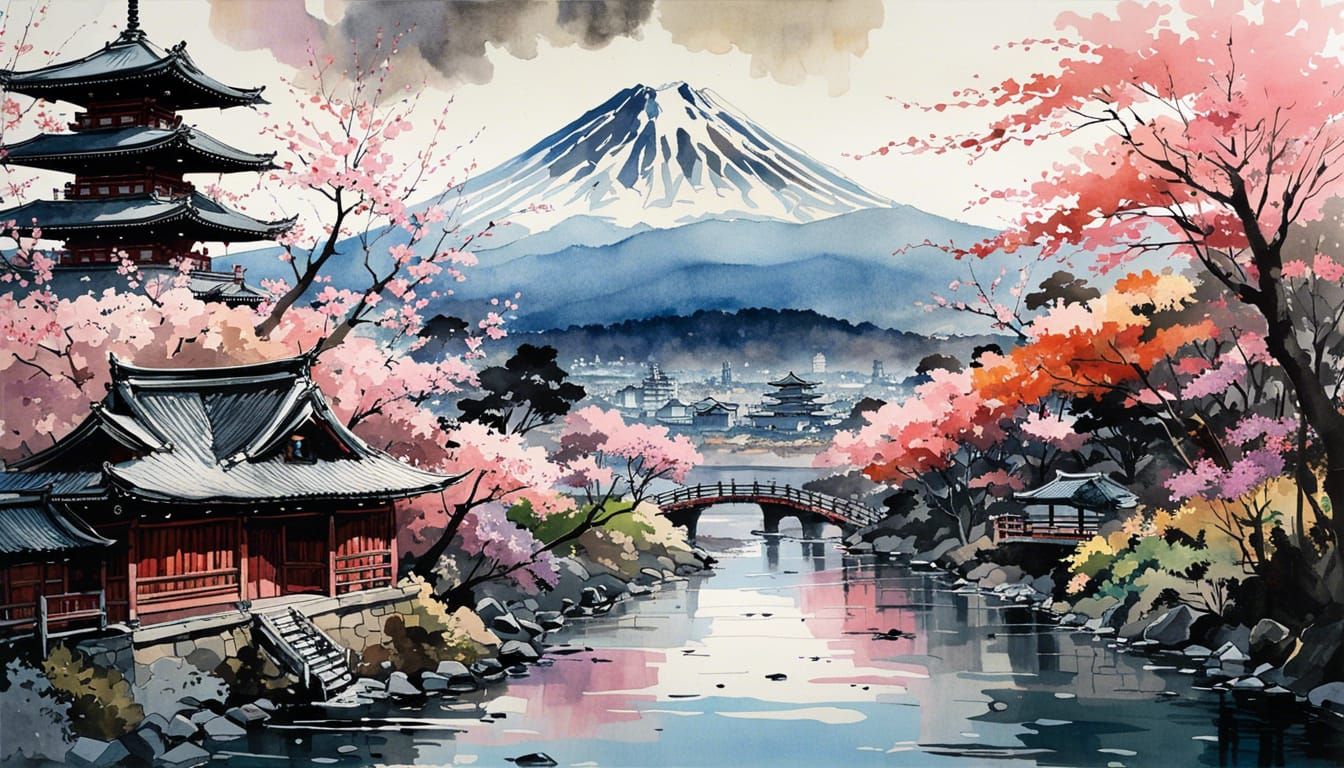Japanese Landscape with Sakura Trees in Watercolor