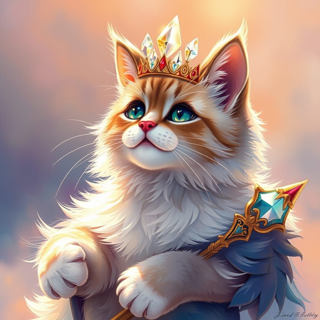 Regal Cat with Crystal Crown in Watercolor Style