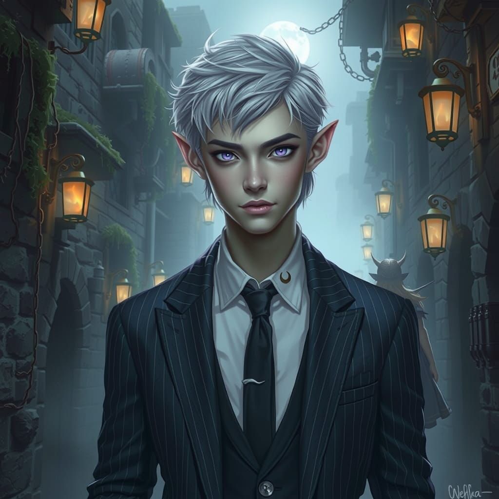 Elegant Elf in Cyberpunk Alleyway, High-Fantasy Style