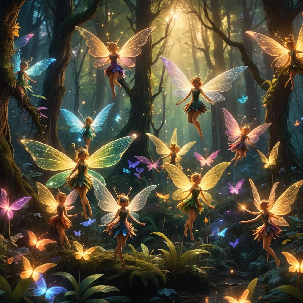 Rainbow Fairies Twirling in Mystical Forest