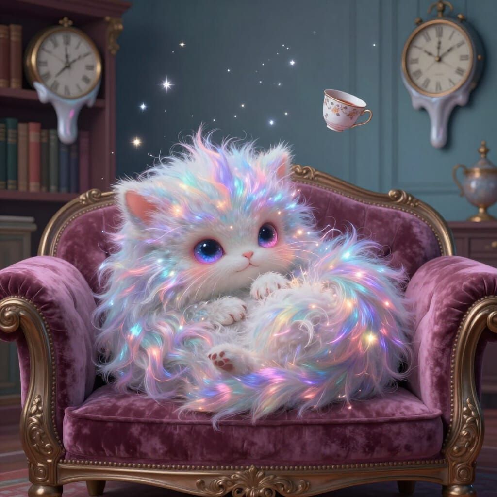 Fluffy Celestial Creature in Surreal Living Room