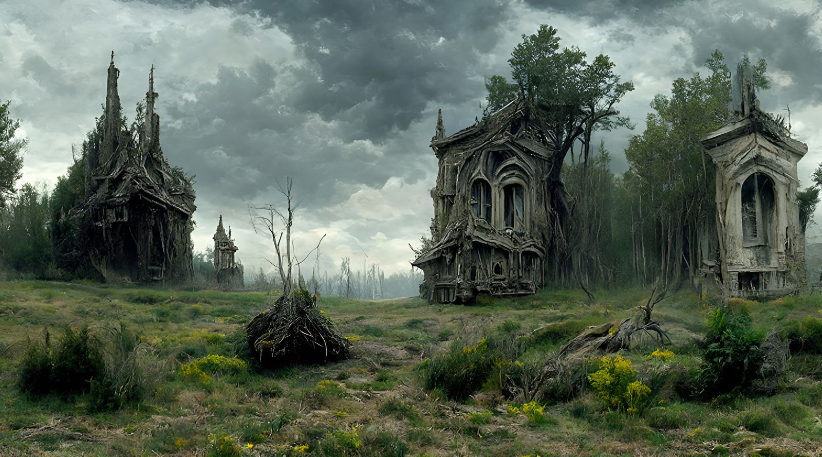 Lone Gothic House in Bleak Field, Hyperrealistic Matte Paint...