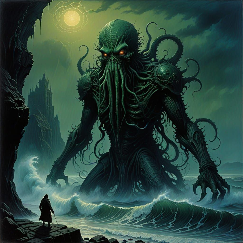 Eldritch Horror in Dark, Fog-Shrouded Seascape