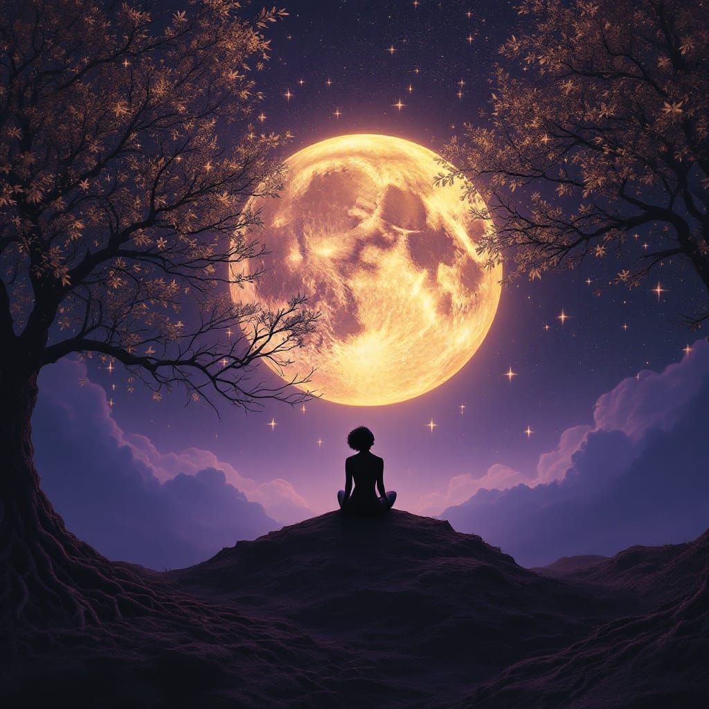 Spiritual Book Cover: Woman Gazing at Golden Moon