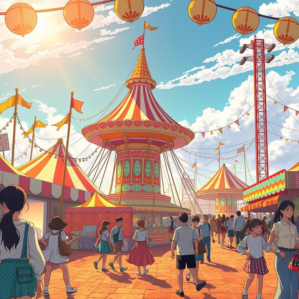 Vibrant Anime Carnival Morning Scene in Eclectic Style