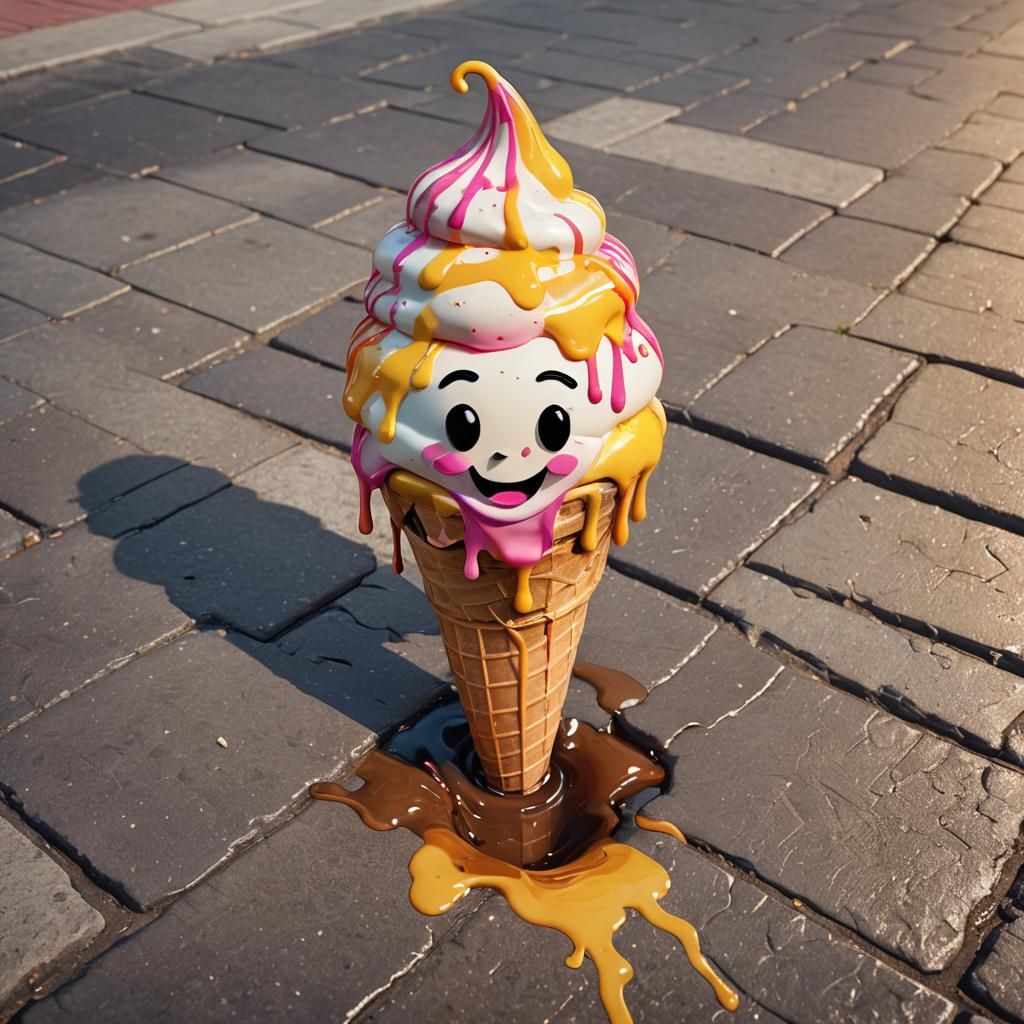 Melting Ice Cream Cone with Smiling Face