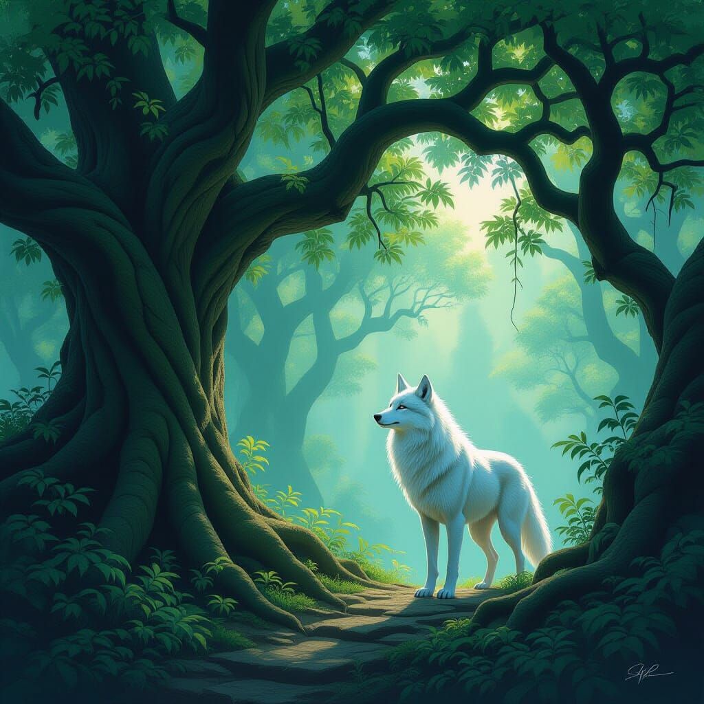 Ethereal Wolf Guards Moonlit Grove in Painterly Fantasy Styl...
