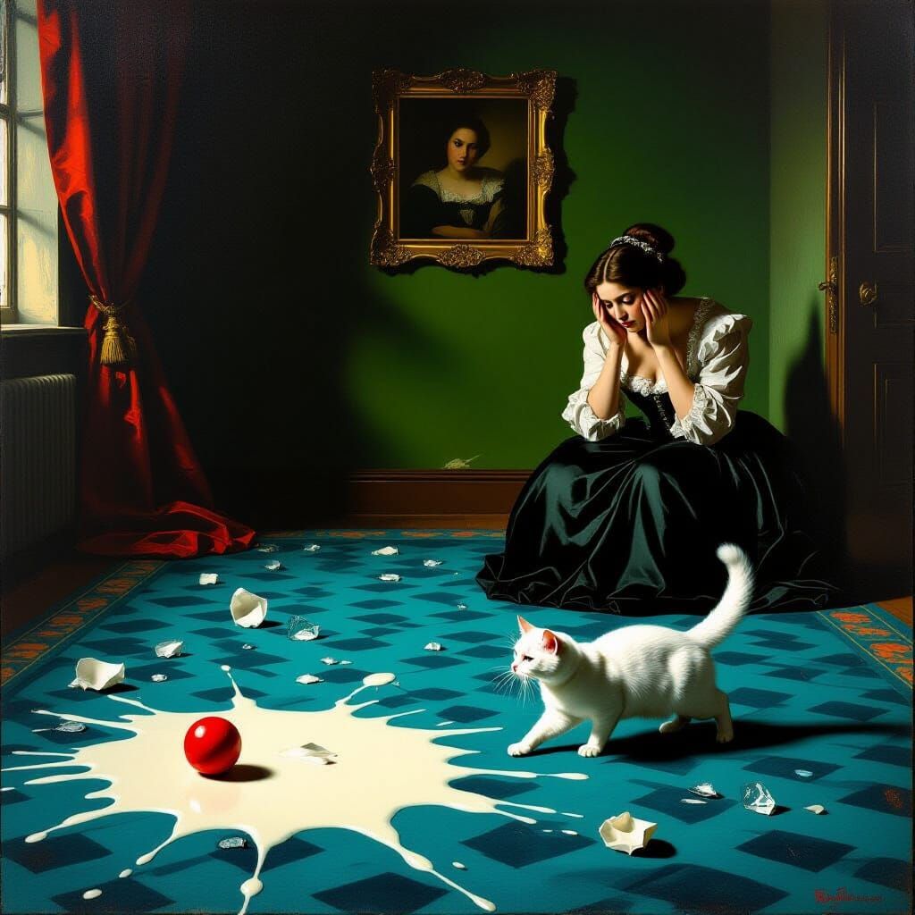 Baroque Scene: Distressed Woman, Cat, and Opulent Decay