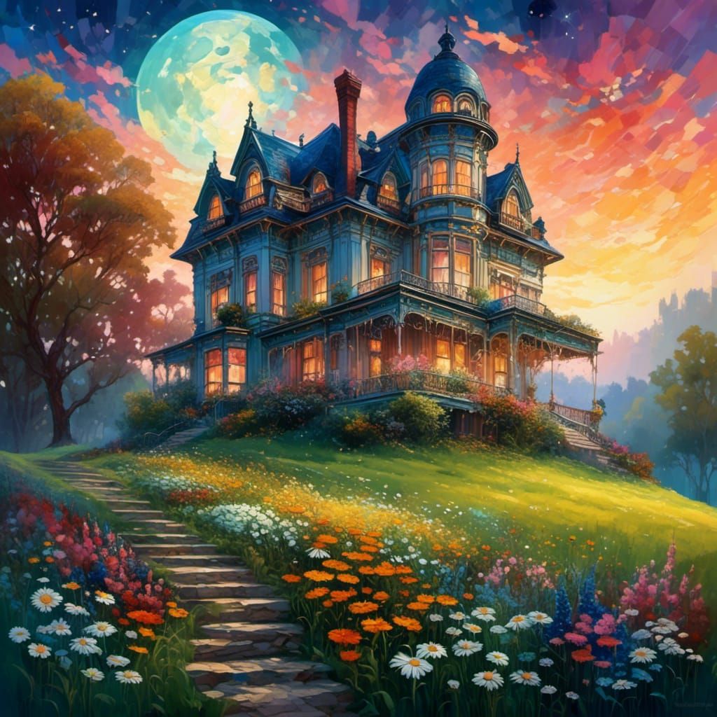 Ornate Victorian House Under Starry Moon