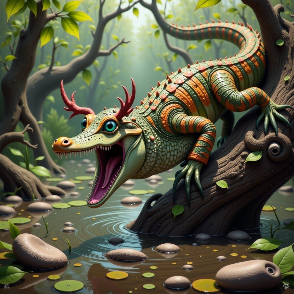 Tiger-Striped Alligator Basking in Sunlight