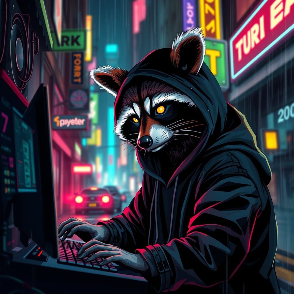 Cyberpunk Raccoon Hacks the System