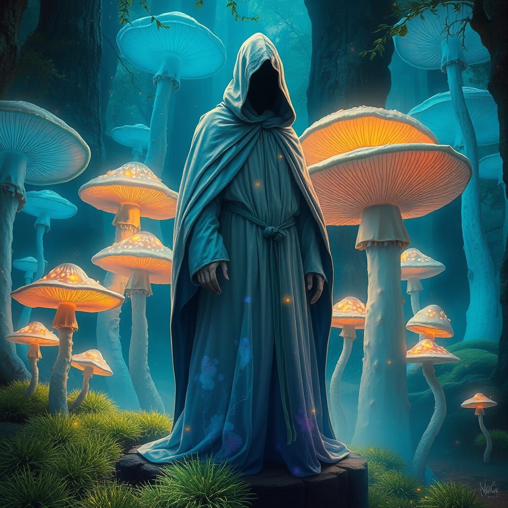 Ethereal Figure in Dreamlike Mushroom Landscape