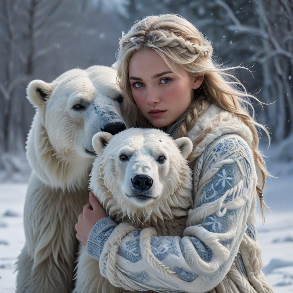 Girl and Polar Bear Embrace in Frosty Wilderness