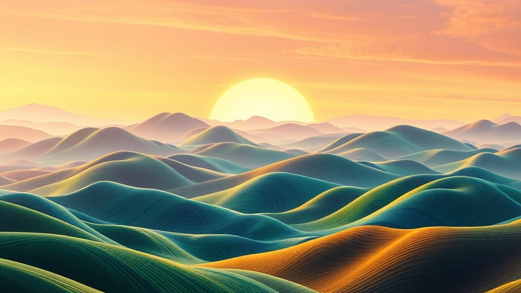 Surreal Hillscape with Striped Waves and Ombre Sky in Deep C...