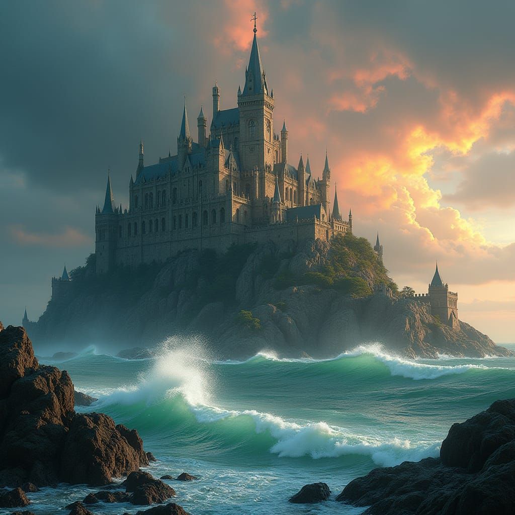 Majestic Castle Rises from Emerald Shores in Gothic-Celtic S...