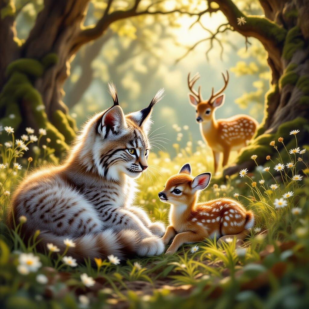 Majestic Lynx Kitten and Fawn Play in Sunlit Forest