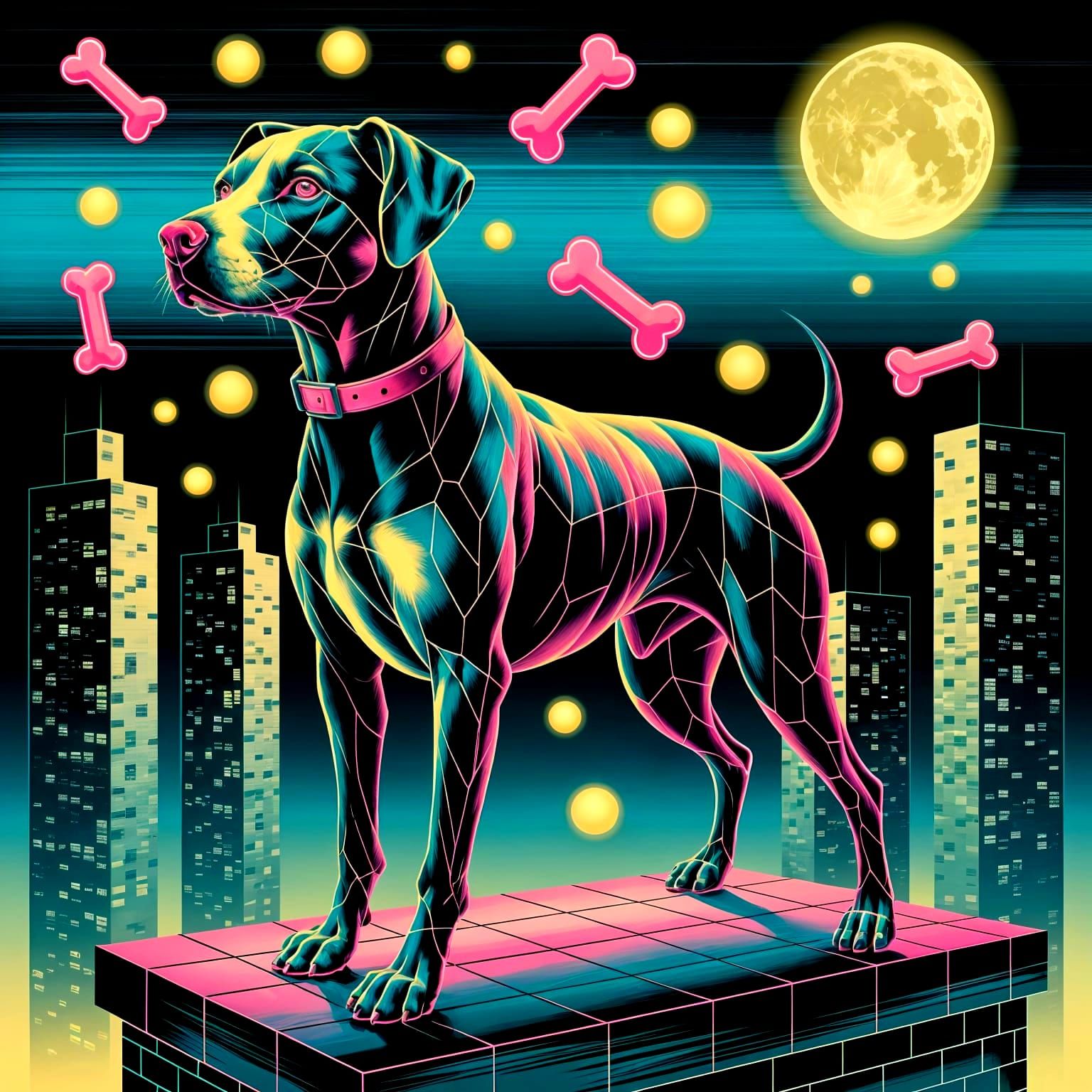 Abstract Expressionist Dog in Neon Cityscape