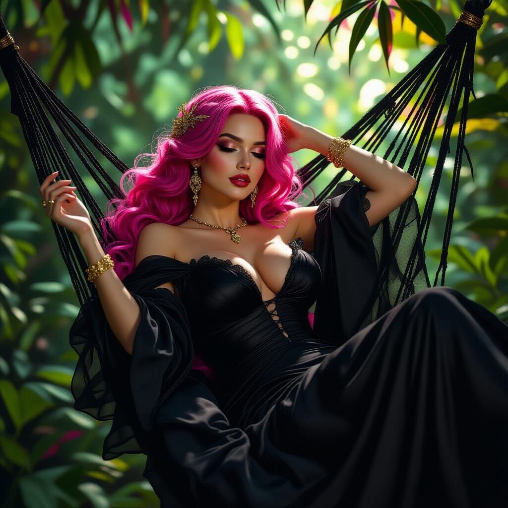 Pink-Haired Woman in Hammock, Dark Fantasy Art