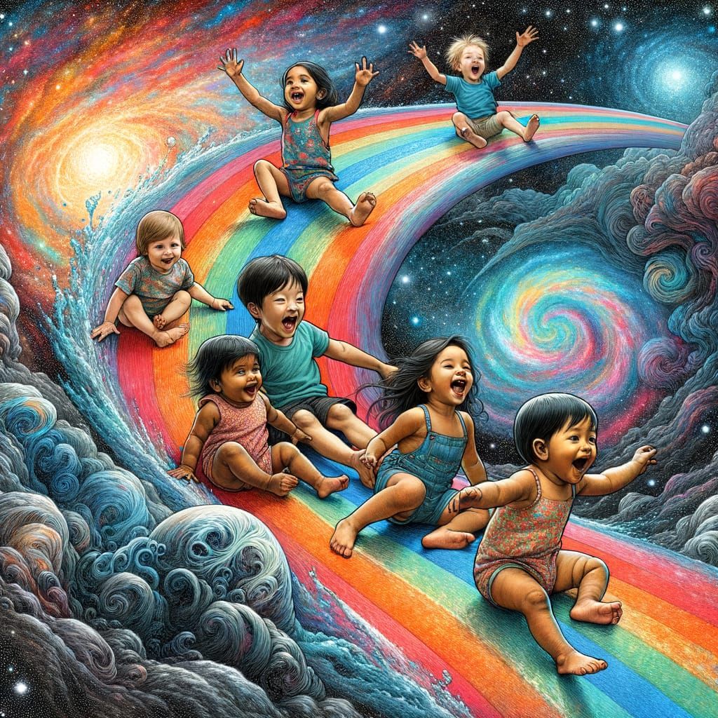 Toddlers Sliding Down Rainbow in Cosmic Sky