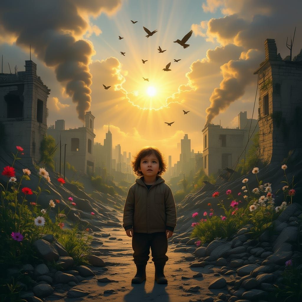 Hopeful Child Amidst War-Torn City Digital Painting