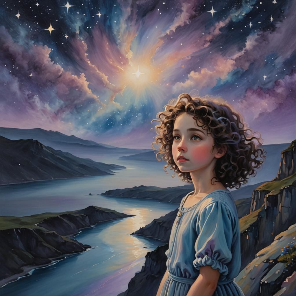 Whimsical Surrealist Girl Stargazing in Zaffre Hues