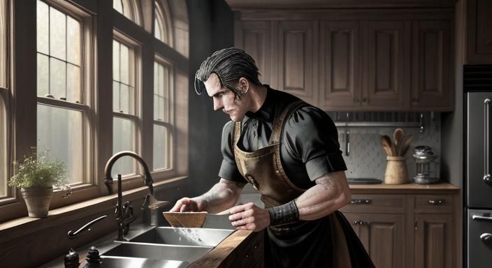 Frankenstein Monster Washing Dishes: Impasto Concept Art