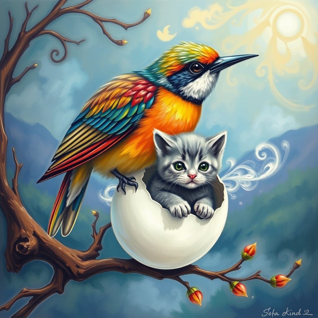 Whimsical Bird in Dreamy Landscape