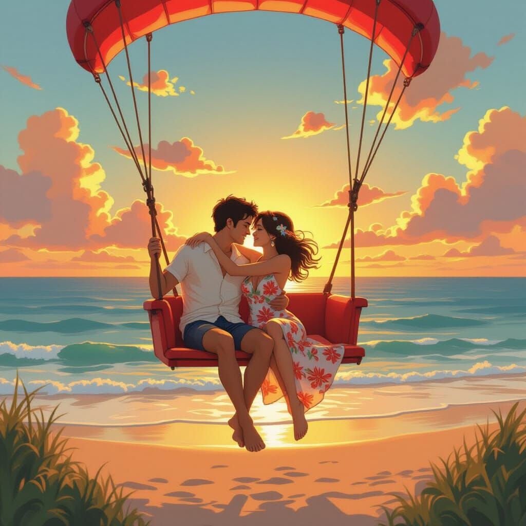 Romantic Couple on Red Glider Soaring at Sunset