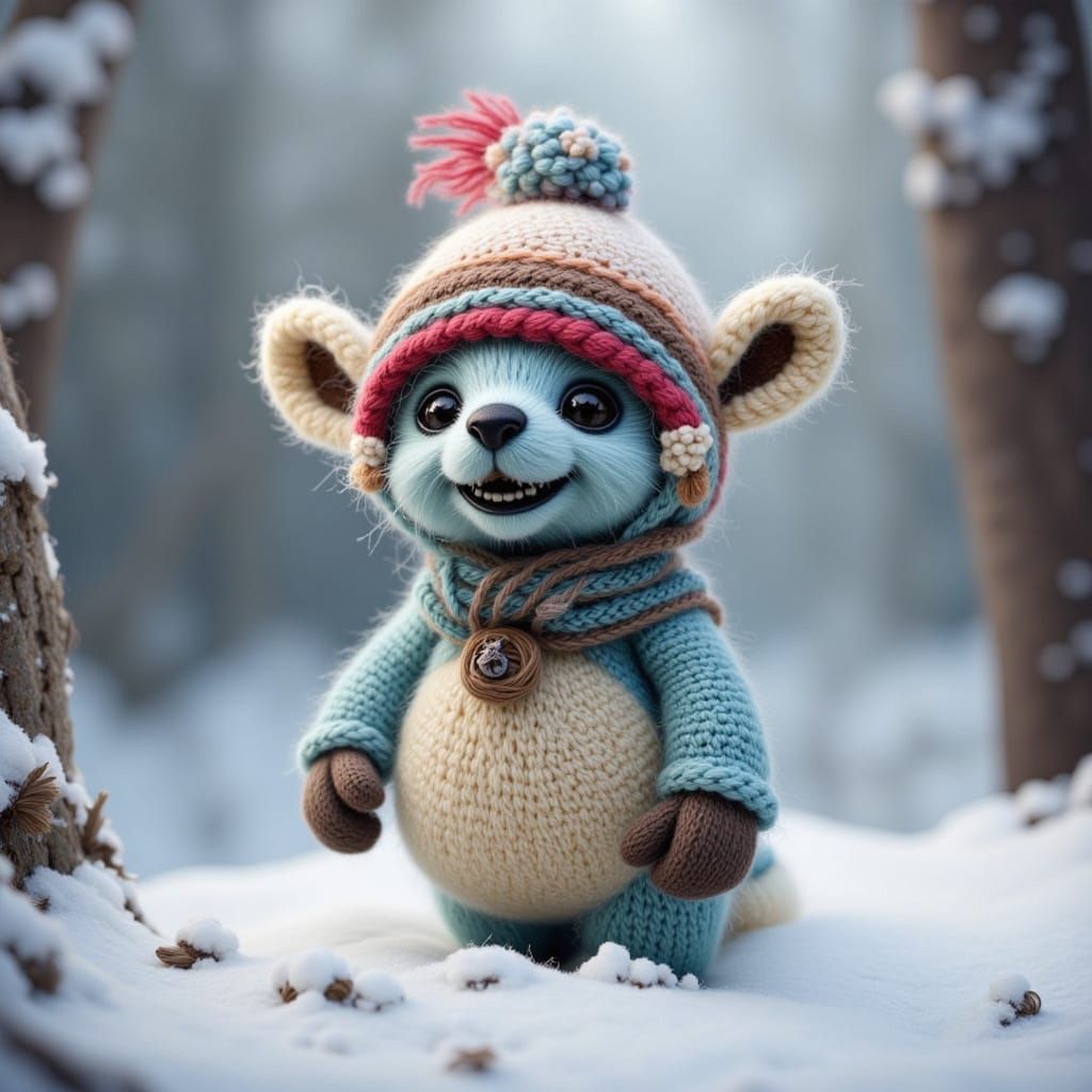 Adorable Chibi Snowmonster in Red Beanie and Blue Scarf