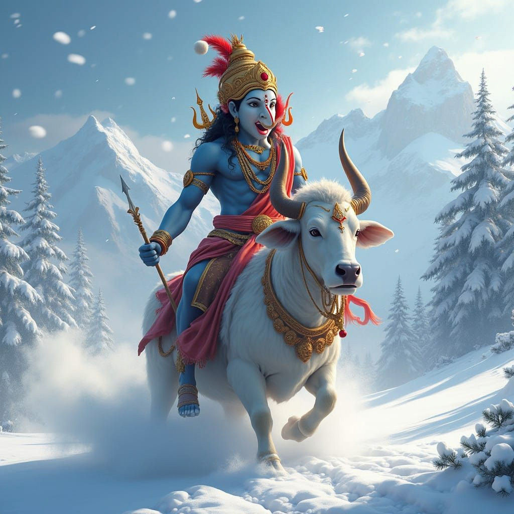 Lord Shiva Rides Nandi in Festive Winter Wonderland