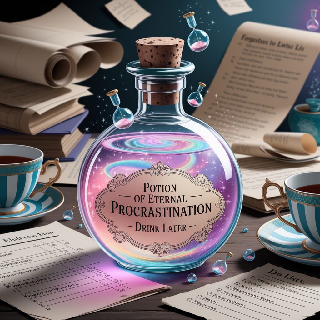 Enchanted Bottle of Eternal Procrastination in Whimsical Stu...