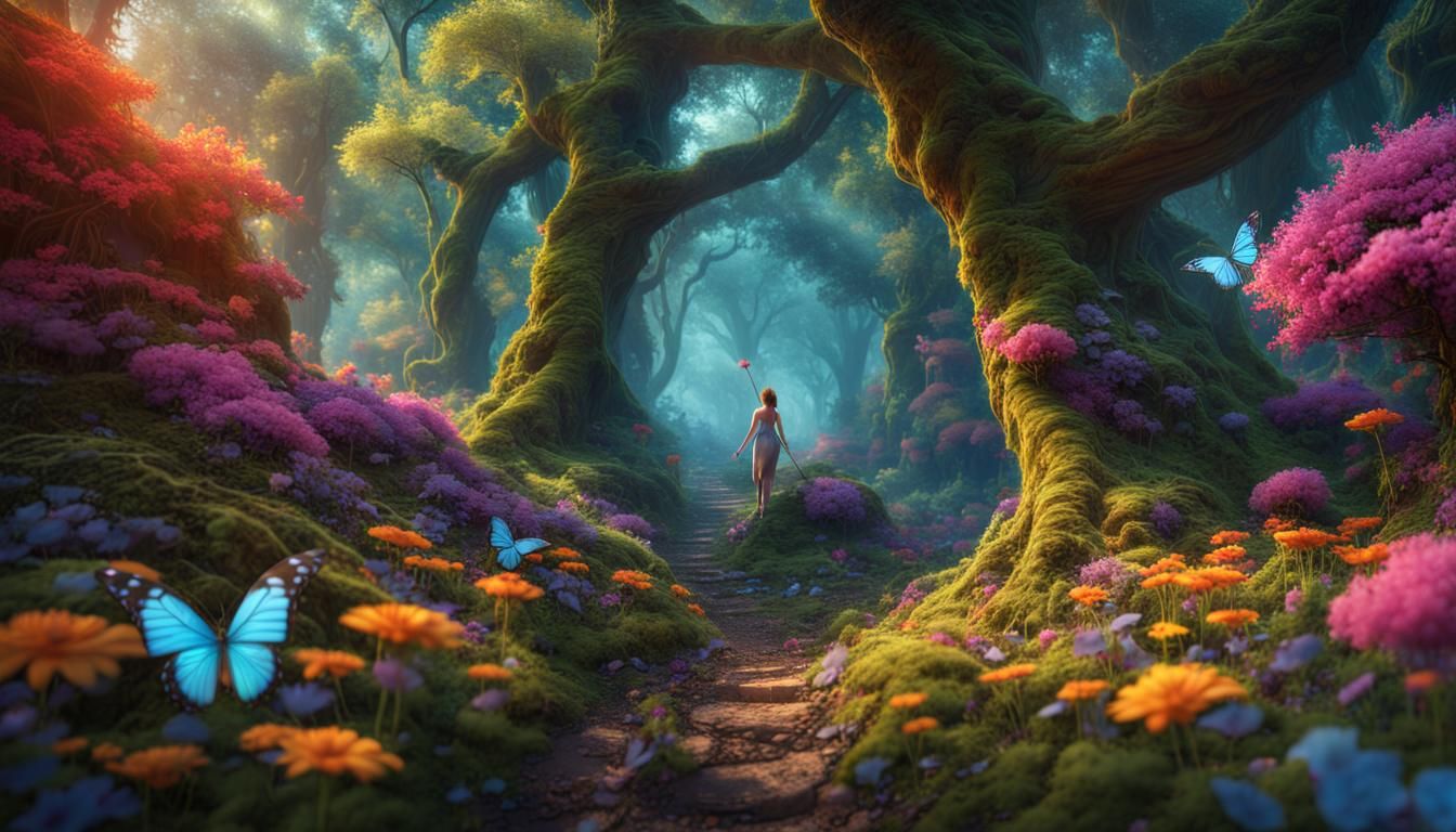 Vibrant Forest Scene with Pixie in Fantasy Art Style