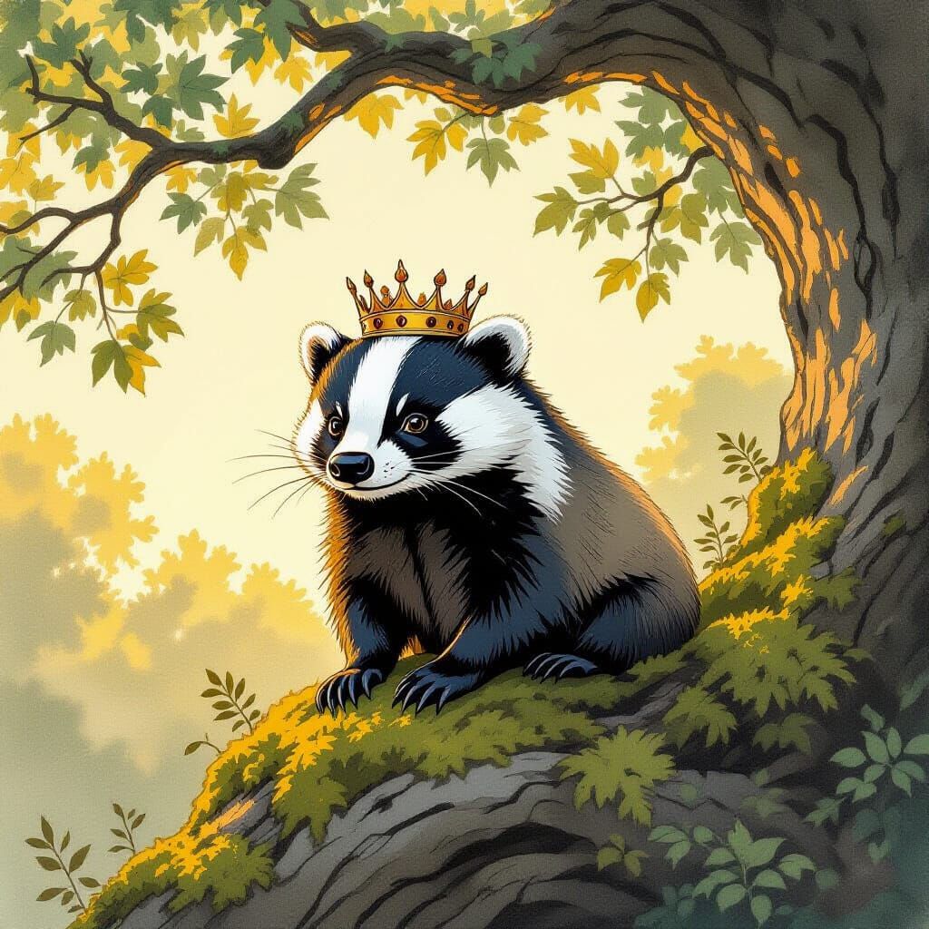 Grumpy Badger King on Ancient Oak Tree in Watercolor Style