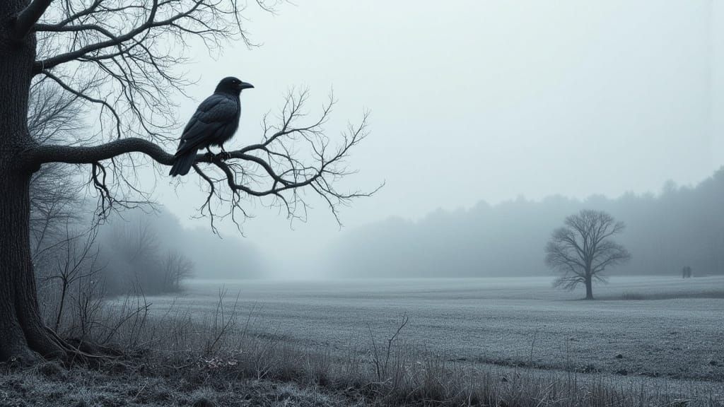 Crow in Frozen Landscape, Moody and Atmospheric