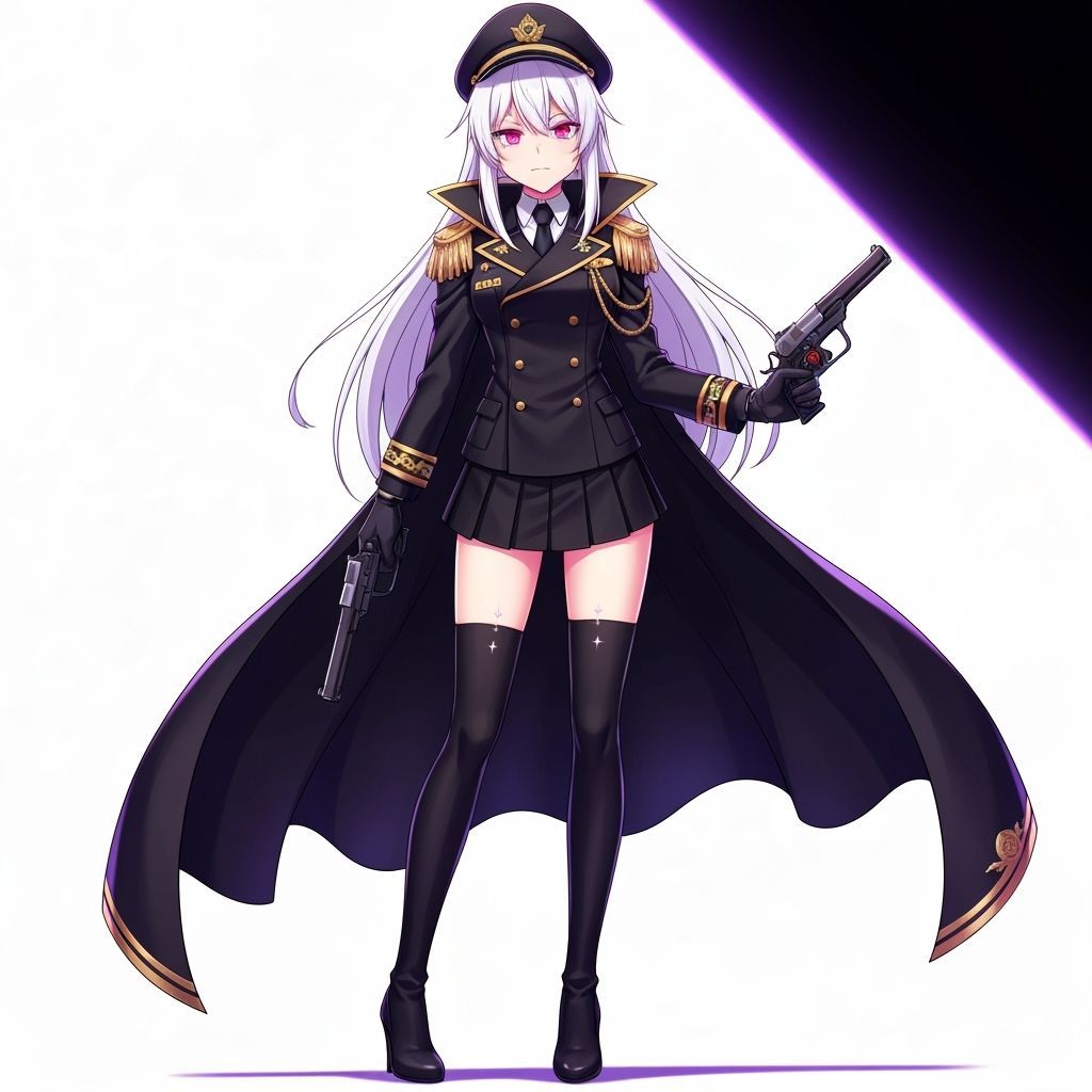 Young Female Admiral in Black Navy Uniform with Pink Eyes