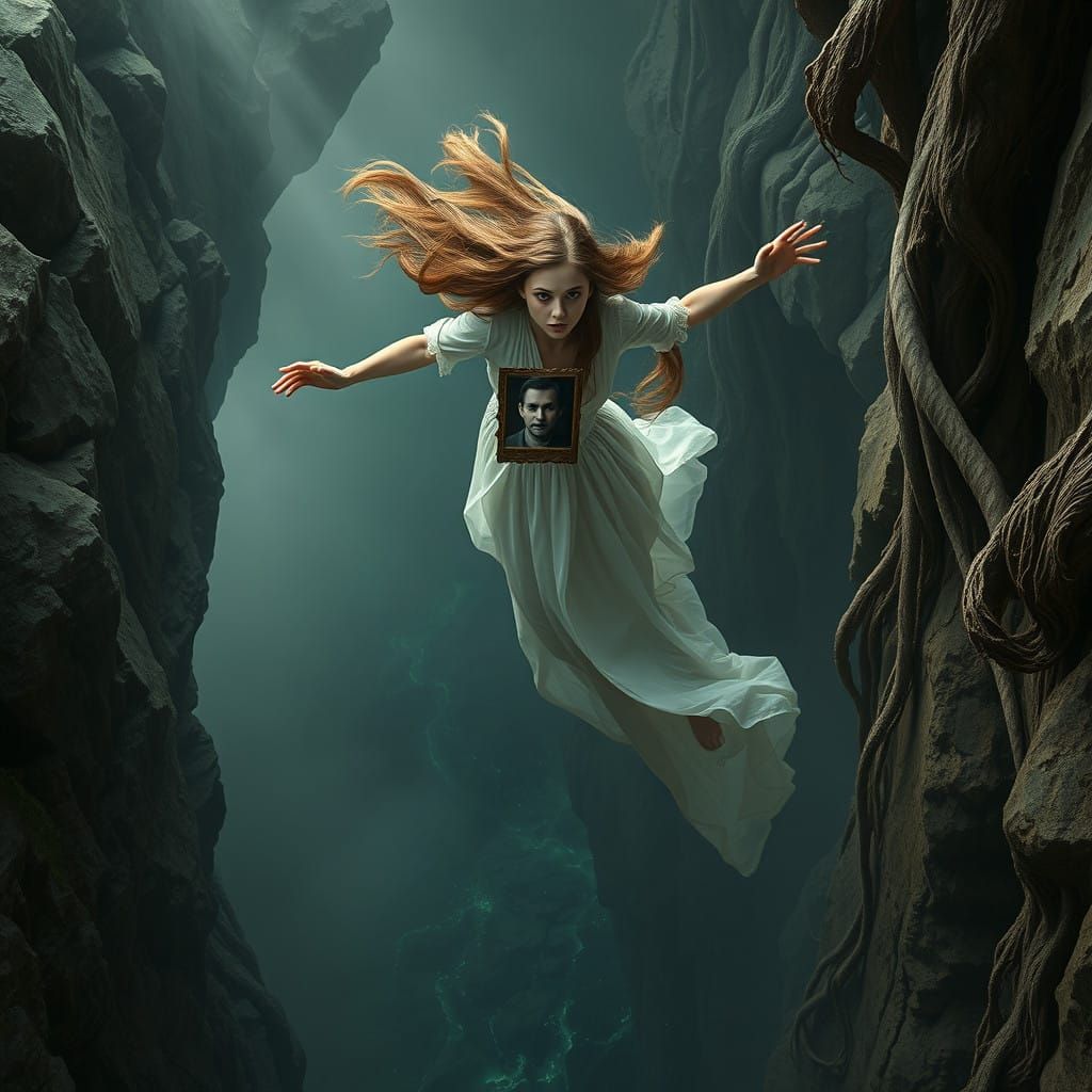 Woman Falling off Cliff Reaching for Photograph