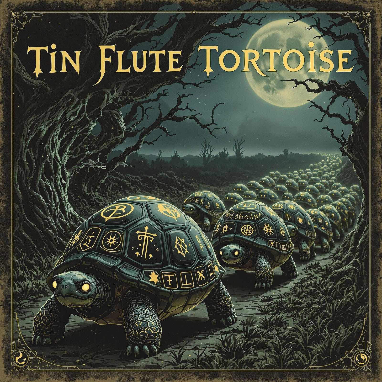 Gothic Tortoises Play Enchanted Tin Flute in Moonlit Process...