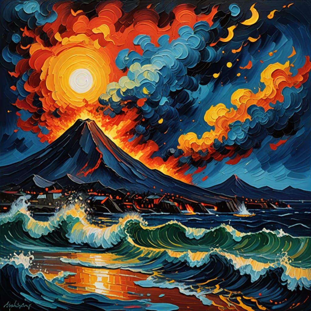 Impasto Oceanic Landscape with Lava and Ash