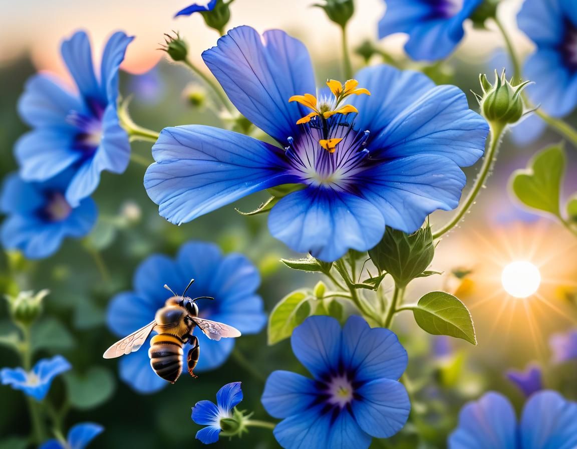 Bee and Blue Morning Glories at Sunrise