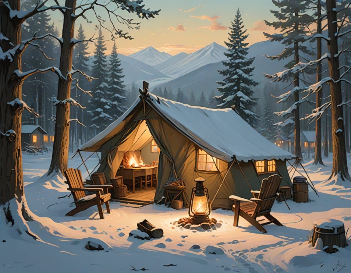 Winter Camping Scene in Golden Light with Whimsical Details