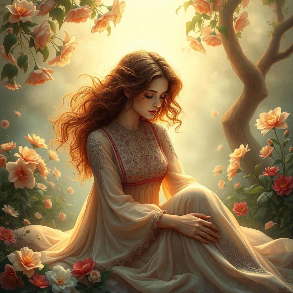 Ethereal Woman in Dreamlike Garden: Art Nouveau Style