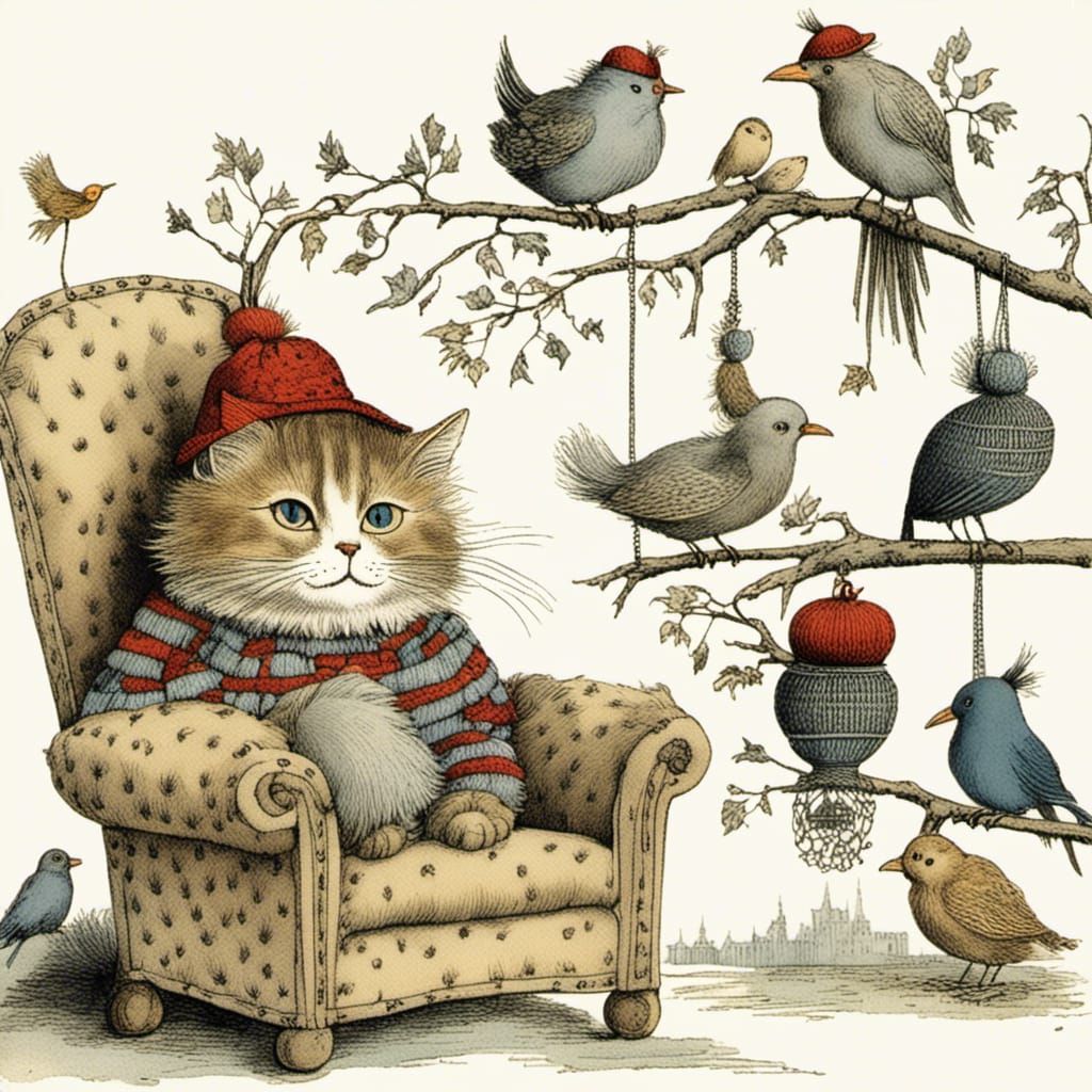Cat Knits Hats for Birds: Filigree Illustration