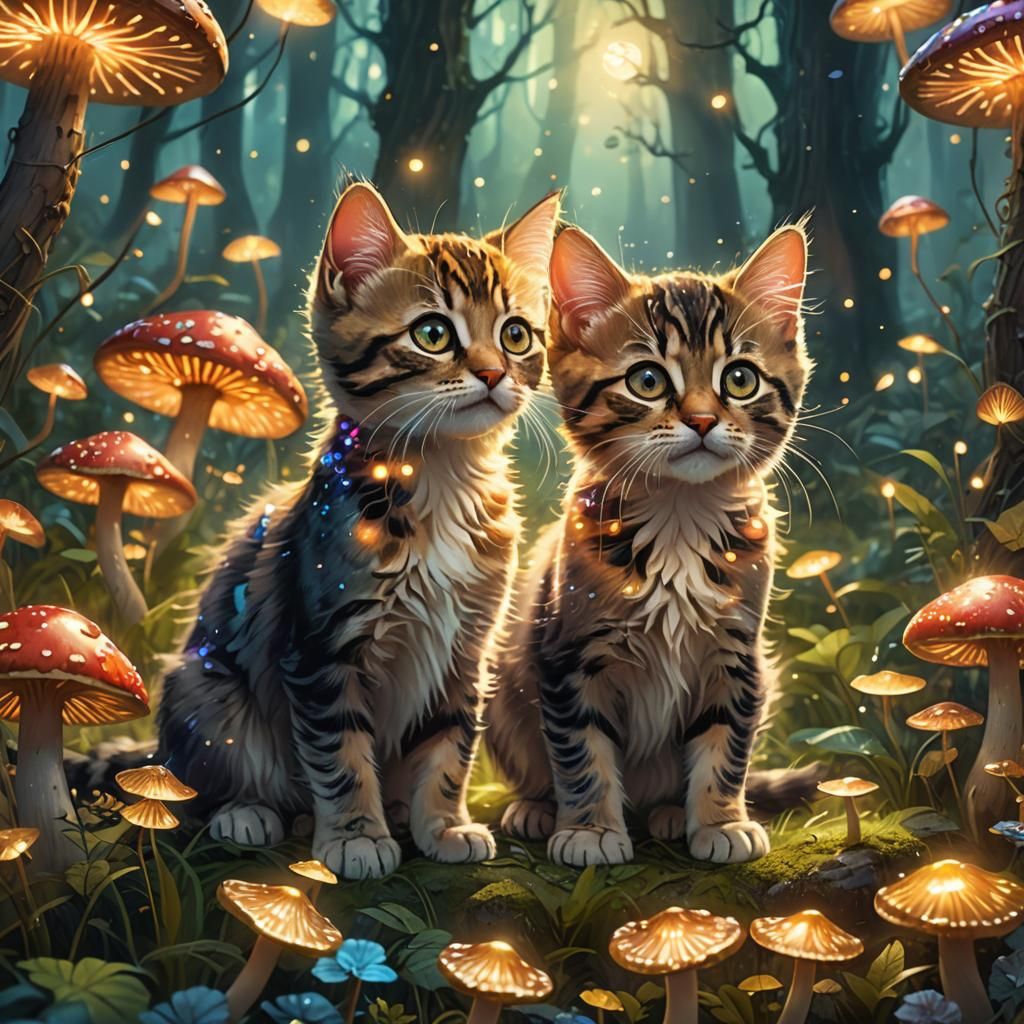 Magical Kittens Play in Enchanted Forest Concept Art