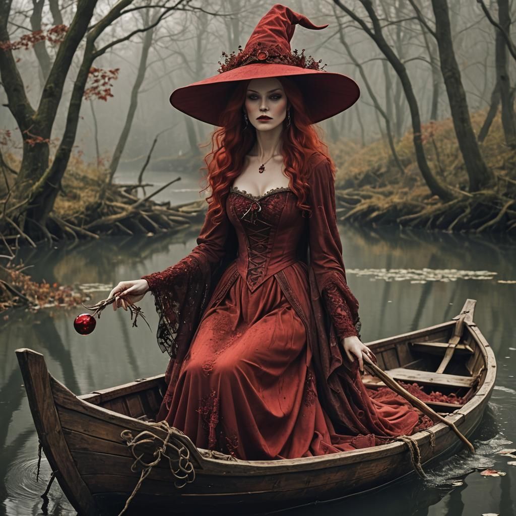 The Red Witch on a Boat Amidst Stormy Seas