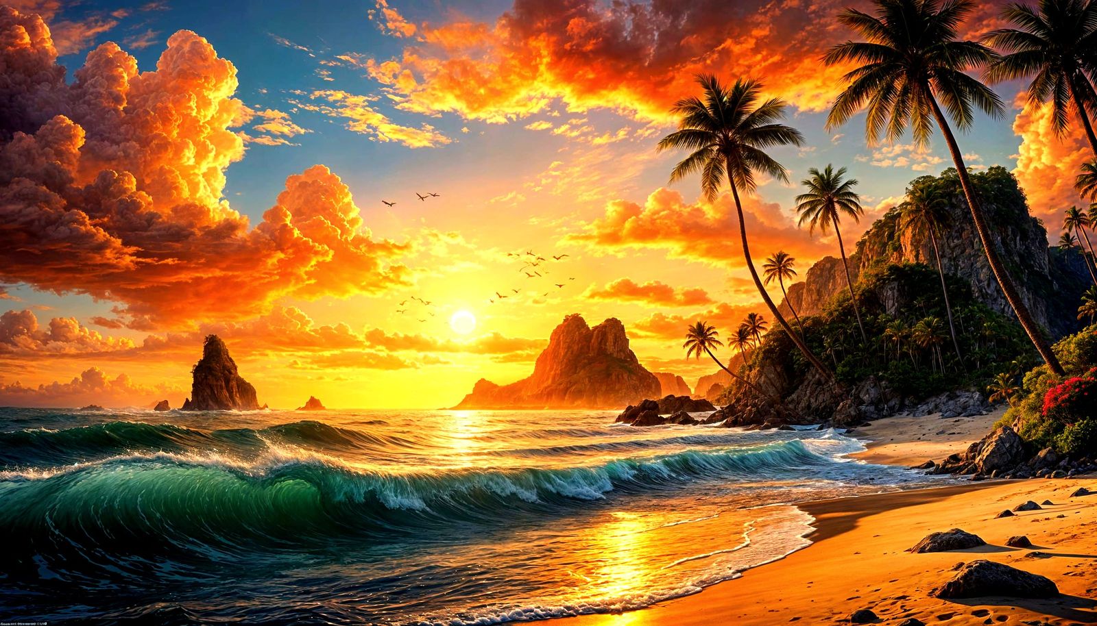 Ocean Sunset with Coastal Rocks in 3D