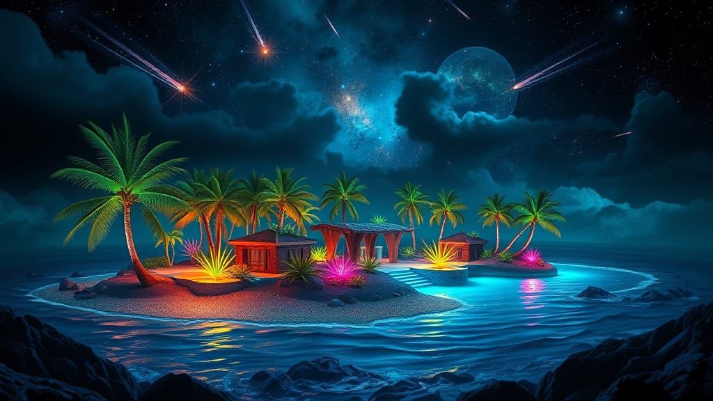 Bioluminescent Island Oasis in Hyperrealistic Style