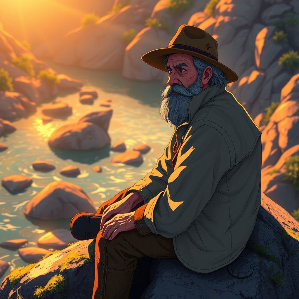 Geologist Contemplates Sunset in Anime Style