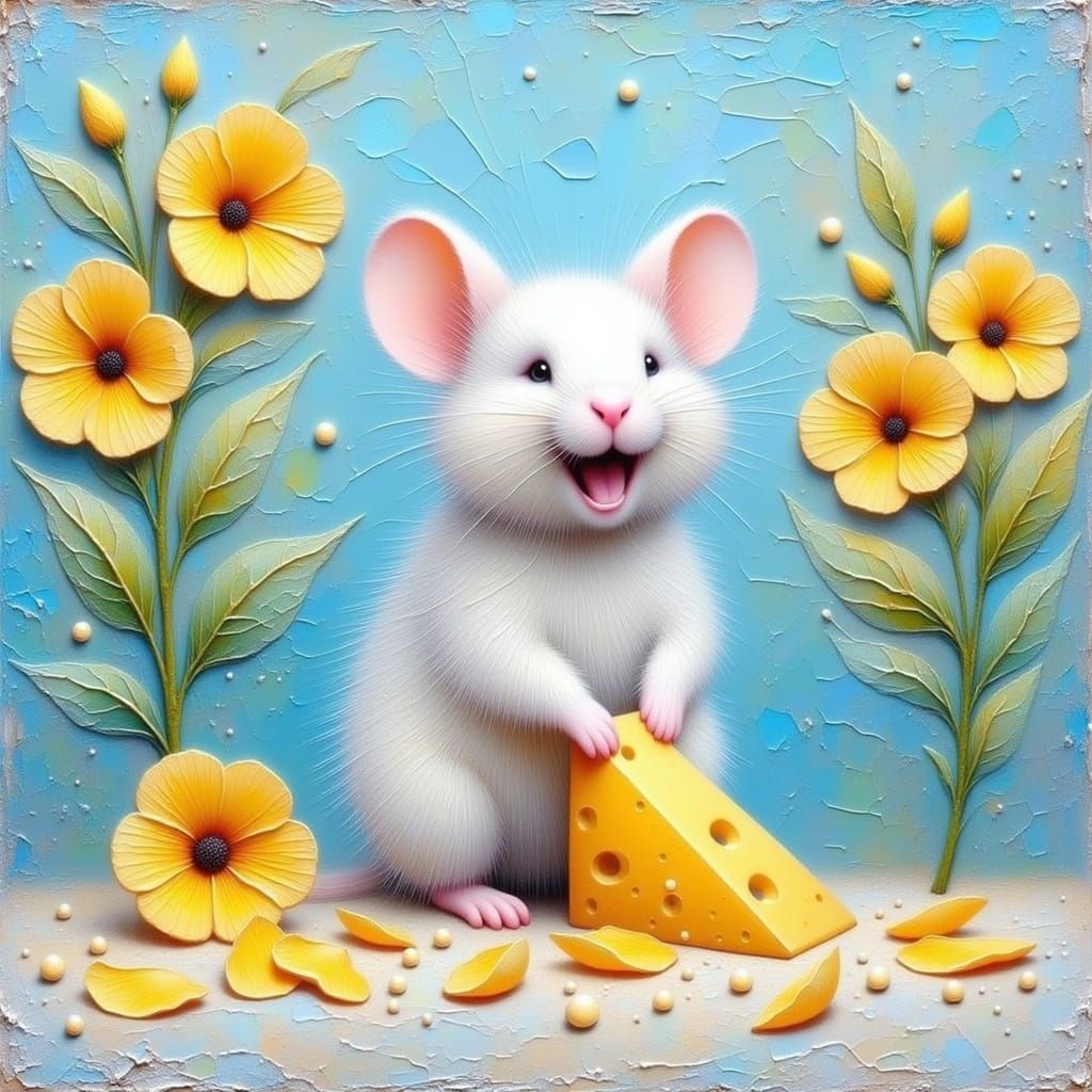 Whimsical Impressionist Scene: Mouse with Cheese and Yellow....